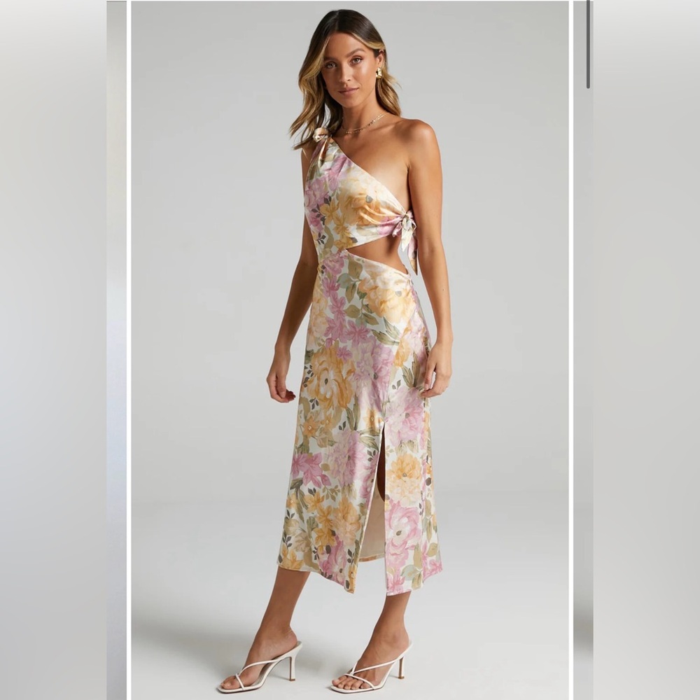 Showpo One-Shoulder Floral Midi Dress in Yellow and Pink